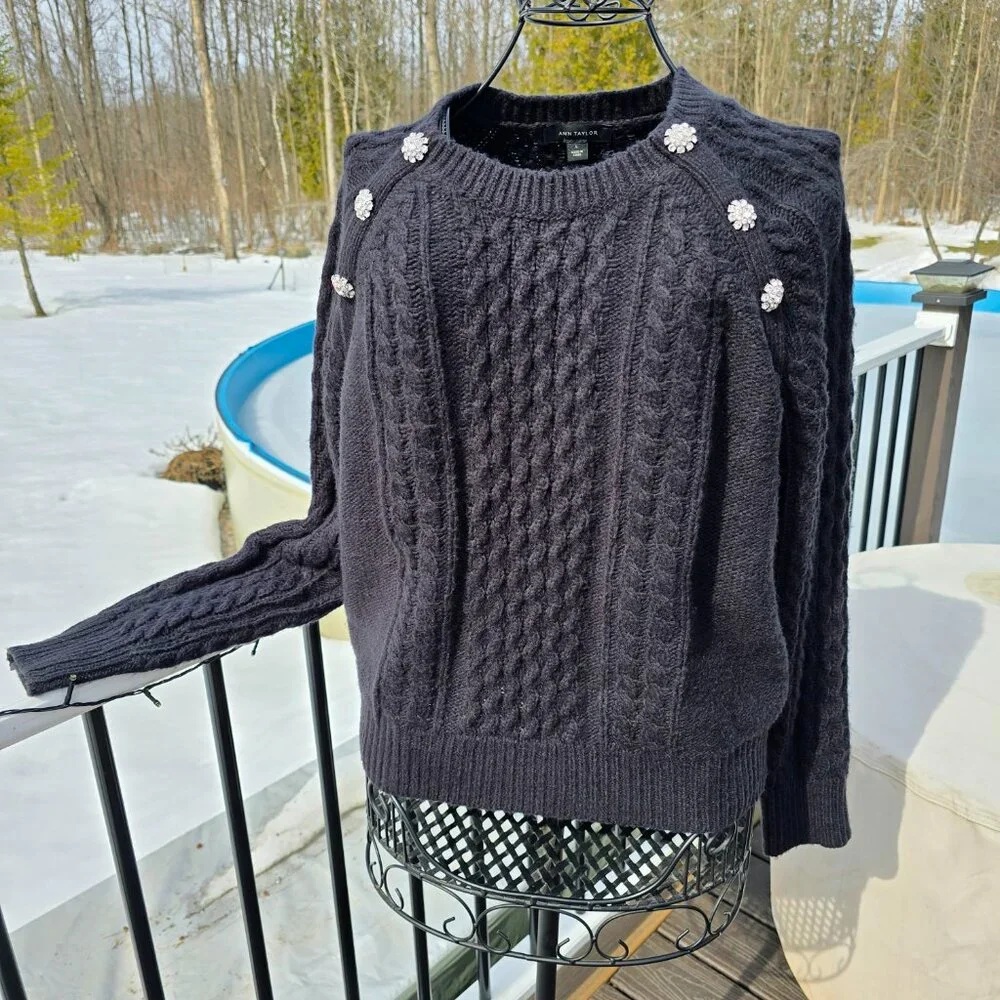 Ann Taylor Black cableknit Sweater with Rhinestone Floral Accent, size L, EUC - Picture 3 of 9